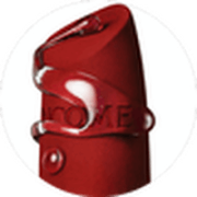 Crvena ruž za usne sa sjajnim finišem, u obliku zavrnutog sticka, u bijelom krugu.