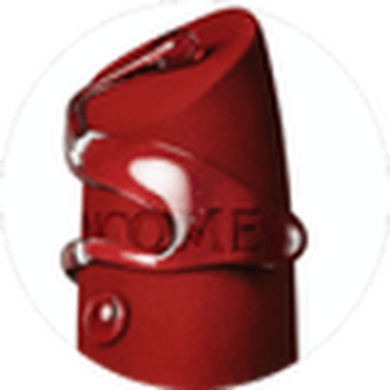 Crvena ruž za usne sa sjajnim finišem, u obliku zavrnutog sticka, u bijelom krugu.