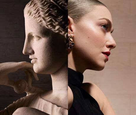 A split image featuring a classical marble sculpture of a woman's profile on the left, contrasted with a modern woman in profile on the right, showcasing elegance and beauty in both forms.