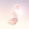 Three translucent pink crystals are stacked on top of each other, glowing softly against a light pastel background.