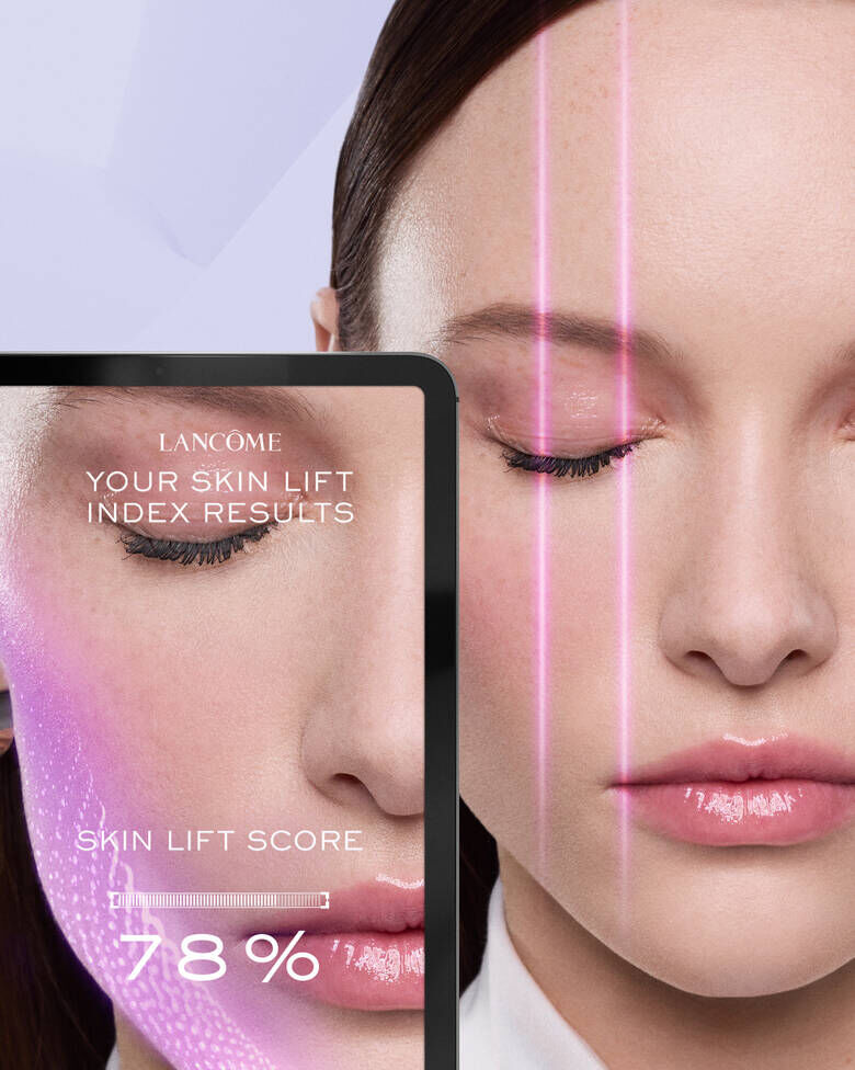 Prikaz digitalne analize kože lica i Skin Lift Index rezultata uz naprednu Lancome Beauty Tech tehnologiju