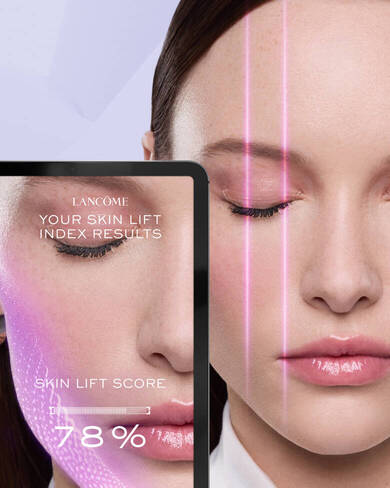 Prikaz digitalne analize kože lica i Skin Lift Index rezultata uz naprednu Lancome Beauty Tech tehnologiju