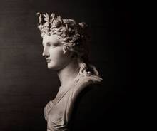 A side profile of a marble statue depicting a woman with a floral crown, elegantly draped attire, and detailed facial features, set against a dark background.