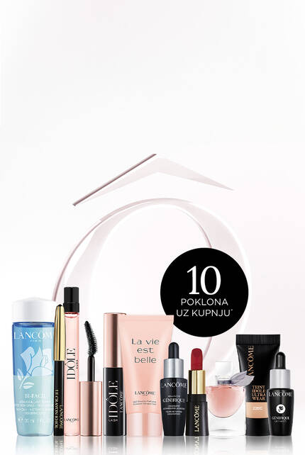 Alt text: "Raznoliki proizvodi za njegu i šminku Lancome s natpisom '10 poklona uz kupnju'."