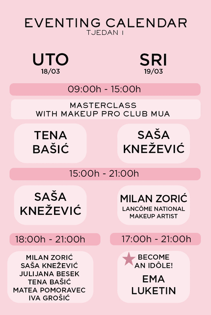 Kalendar događanja za tjedan 1. prikazuje raspored masterclassova i makeup radionica, uključujući sudionike poput Tene Bašić, Milana Zorića i Saše Kneževića. Događaji su raspoređeni od utorka do subote u različitim vremenskim