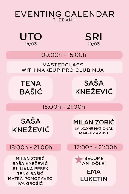 Kalendar događanja za tjedan 1. prikazuje raspored masterclassova i makeup radionica, uključujući sudionike poput Tene Bašić, Milana Zorića i Saše Kneževića. Događaji su raspoređeni od utorka do subote u različitim vremenskim