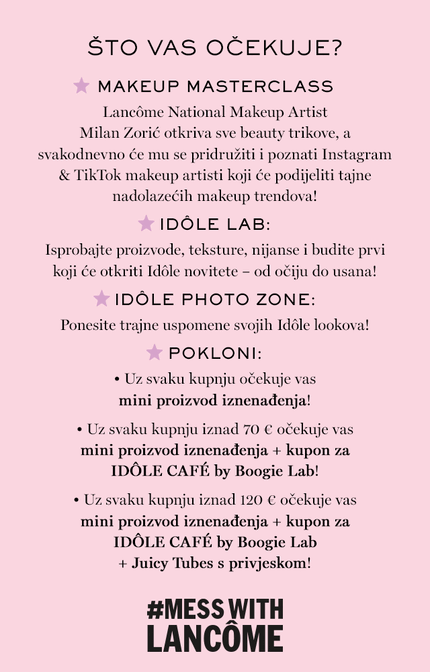 Tekst sa informacijama o događaju "Makeup Masterclass" s Milanom Žurićem, uključujući ponude i poklone. Fonetika sa zvjezdicama i ružičastom pozadinom.