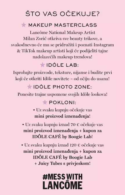 Tekst sa informacijama o događaju "Makeup Masterclass" s Milanom Žurićem, uključujući ponude i poklone. Fonetika sa zvjezdicama i ružičastom pozadinom.
