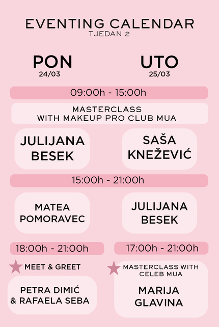 Sadržaj tjednog rasporeda za radionice i masterclassove s imenima predavača i terminima.