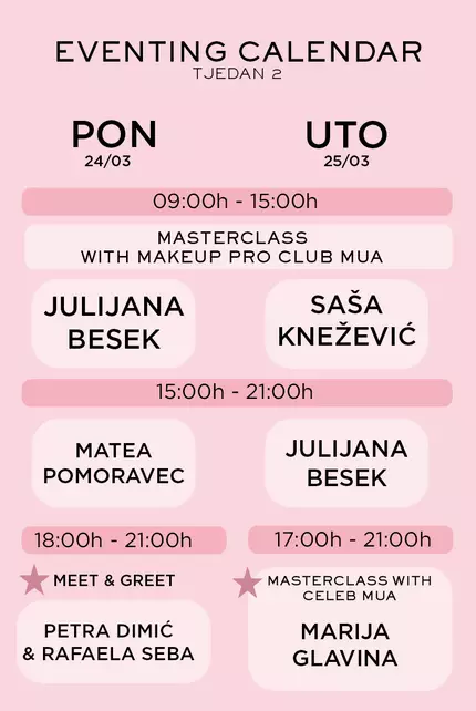 Sadržaj tjednog rasporeda za radionice i masterclassove s imenima predavača i terminima.