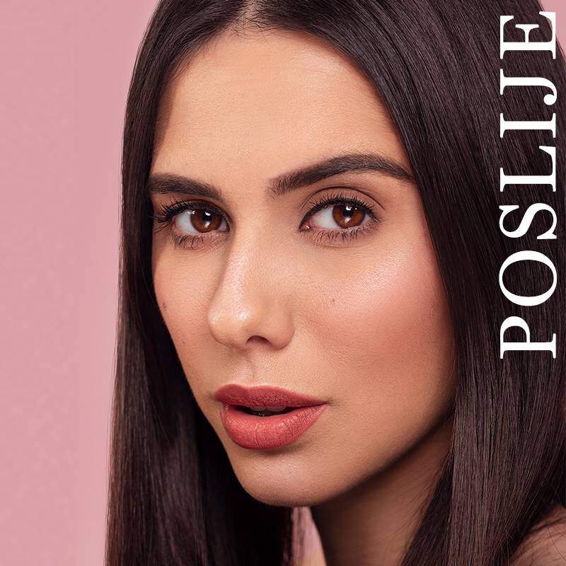 Žena s dugom tamnom kosom i smeškom, gledajući u kameru, uz natpis "POSLIJE".